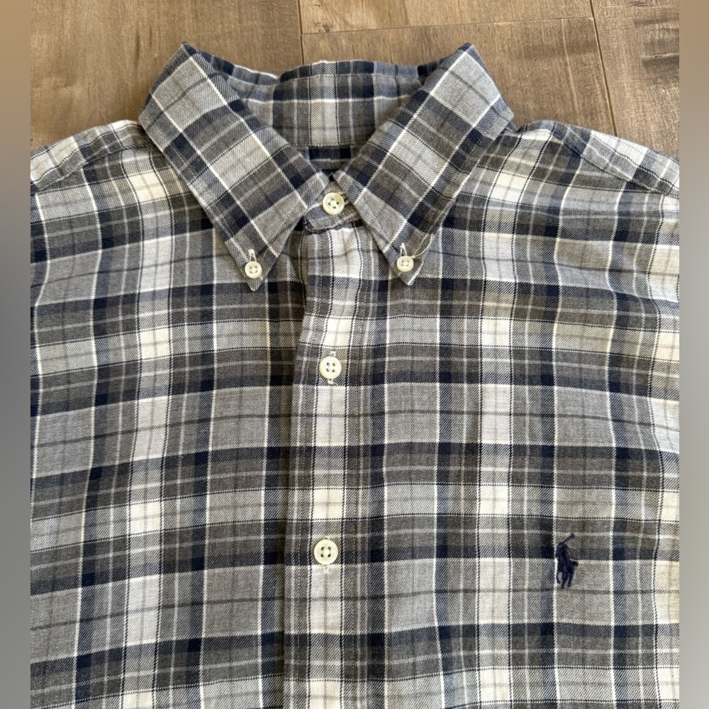 Ralph Lauren Blake Button Down Shirt Men Large Plaid Check Gray Navy